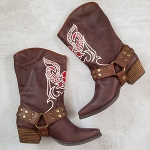 Dingo City Limits Leather Western Cowboy Boots Embroidered Brown Red SZ 9